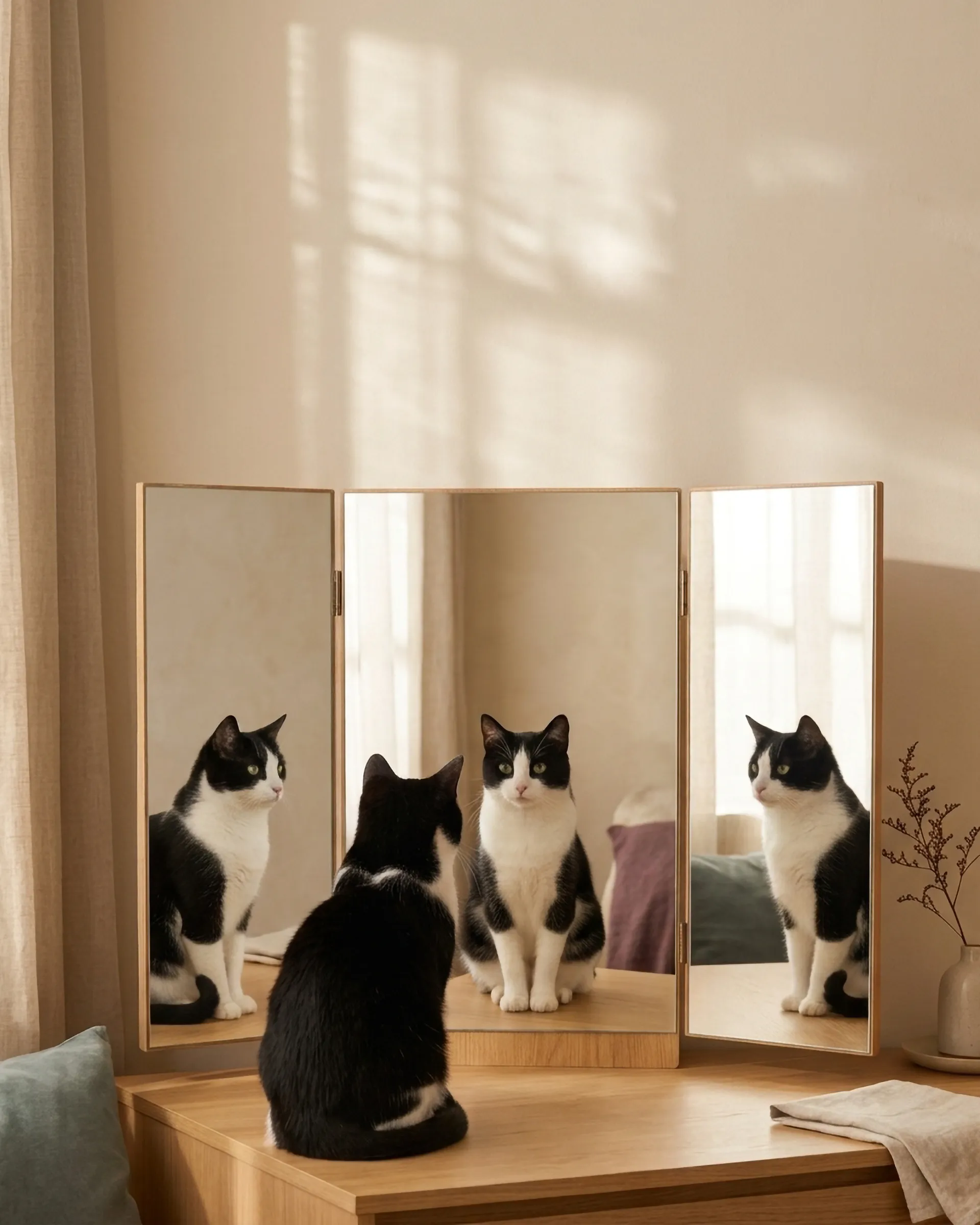 A black-and-white cat sits on a light oak dresser, reflected from three angles in a hinged mirror.