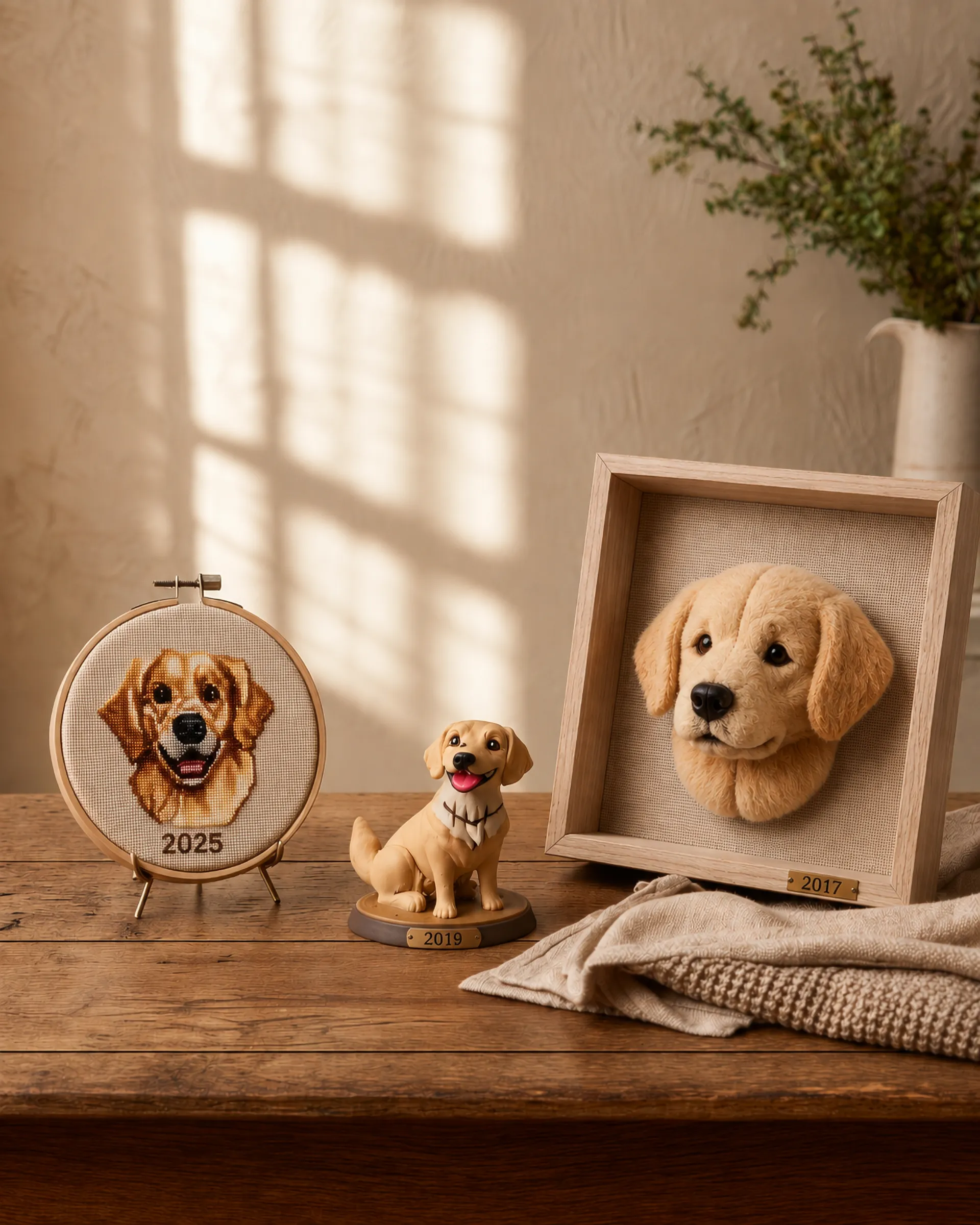 Three Golden Retriever keepsakes collected over time: a 2017 framed plush portrait, a 2019 figurine, and a 2025 cross-stitch.