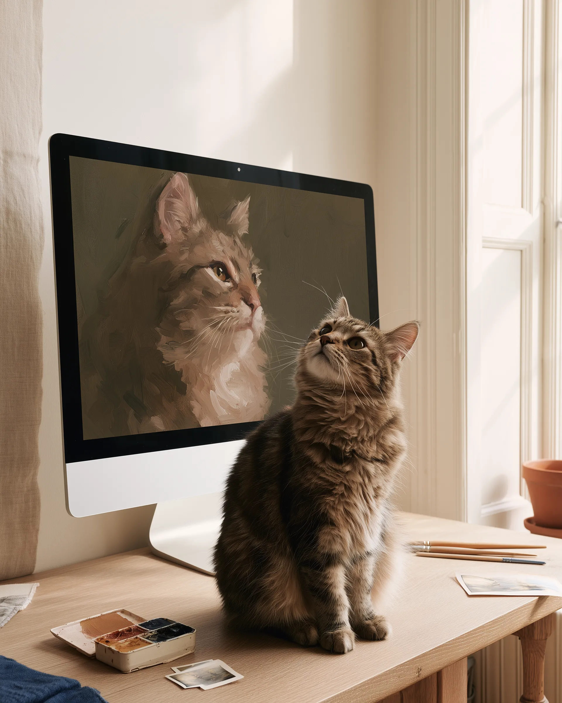 A tabby cat sits beside a desktop computer displaying its unfinished digital portrait.