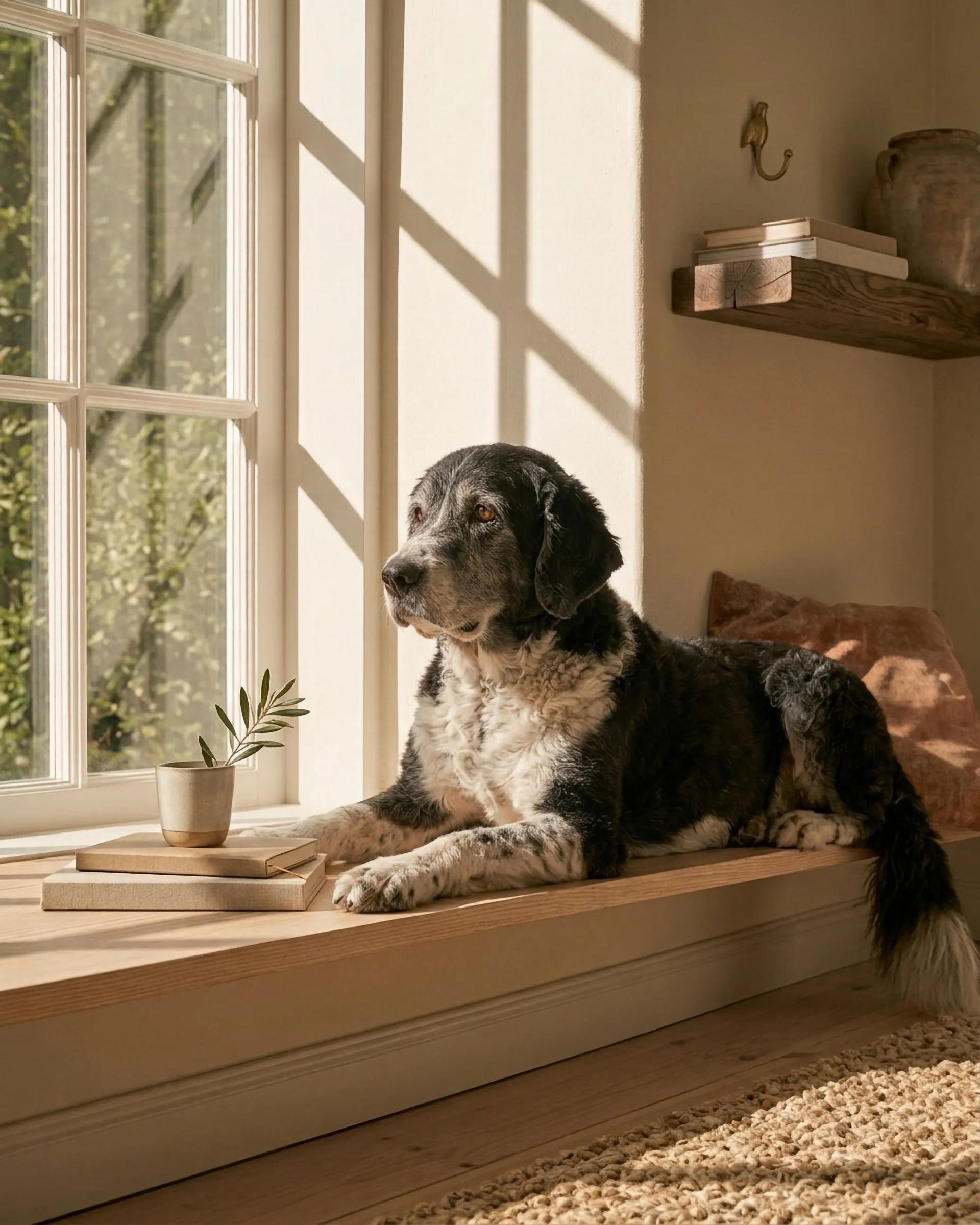 An older black-and-white dog resting on a sunlit window bench in a warm home.
