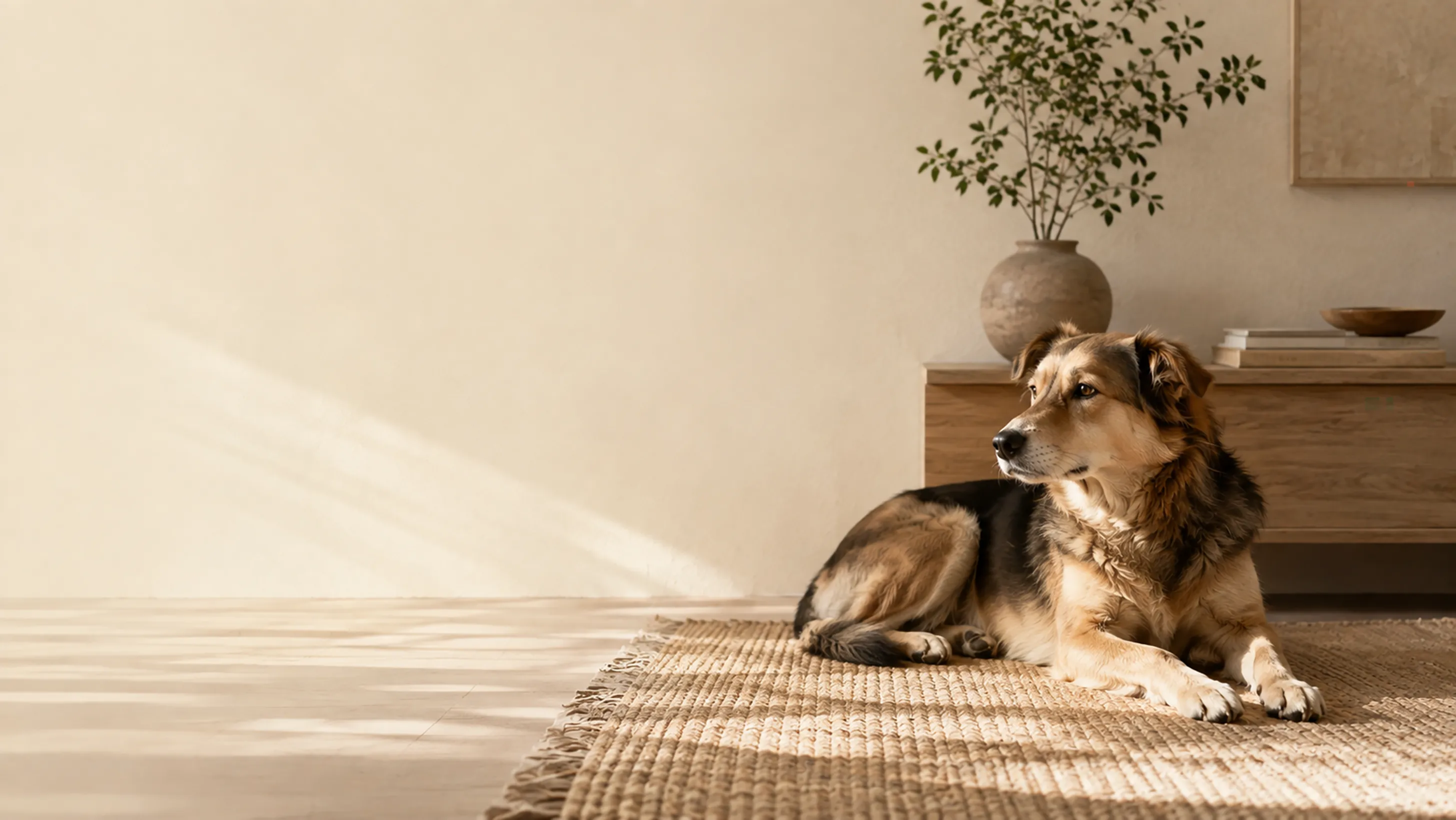 A calm dog resting on a linen rug in a warm, sunlit home.